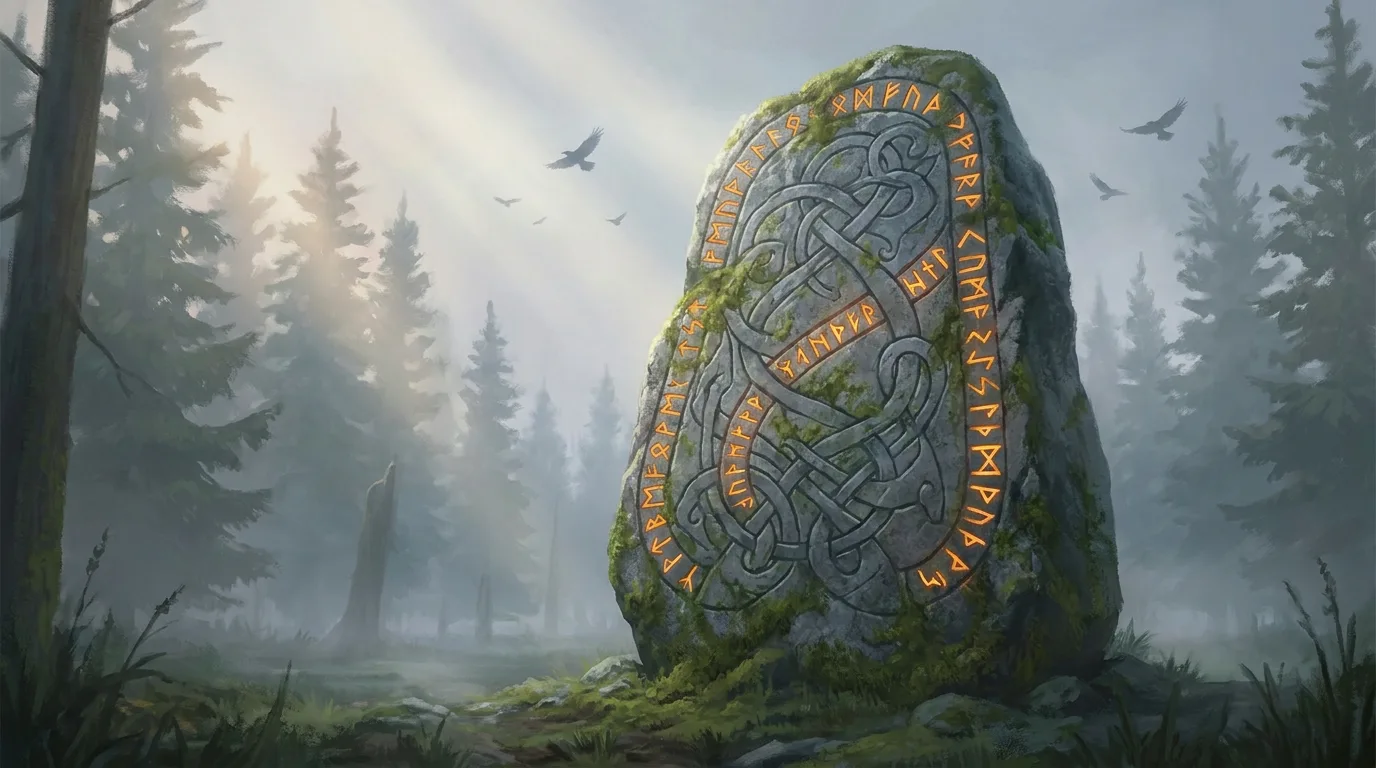 A moss-covered granite runestone carved with knotwork and amber-glowing runes, standing in a misty pine forest as ravens circle in shafts of pale light